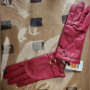 Wilsons Leather Red Gloves with Gold Buckle and Accents
